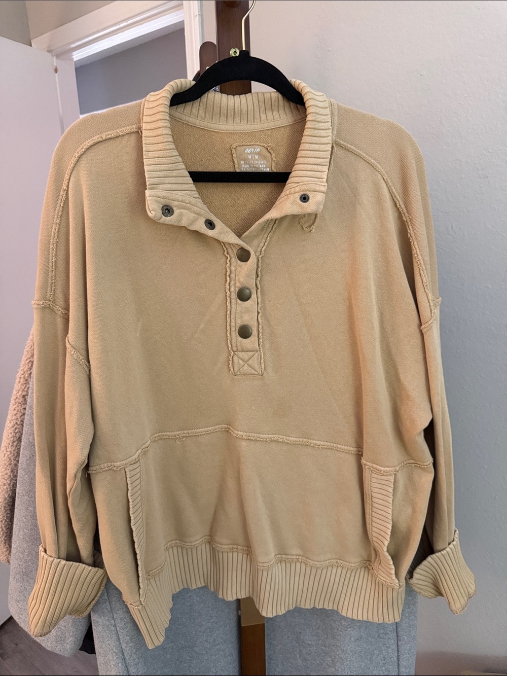 aerie Button-Placket Pullover Sweater - Tan